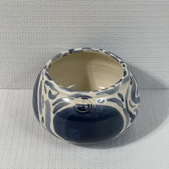 Blue & White Swirl Stoneware Planter Flower Pot Round Wheel Thrown Maker’s Mark - Picture 4 of 17